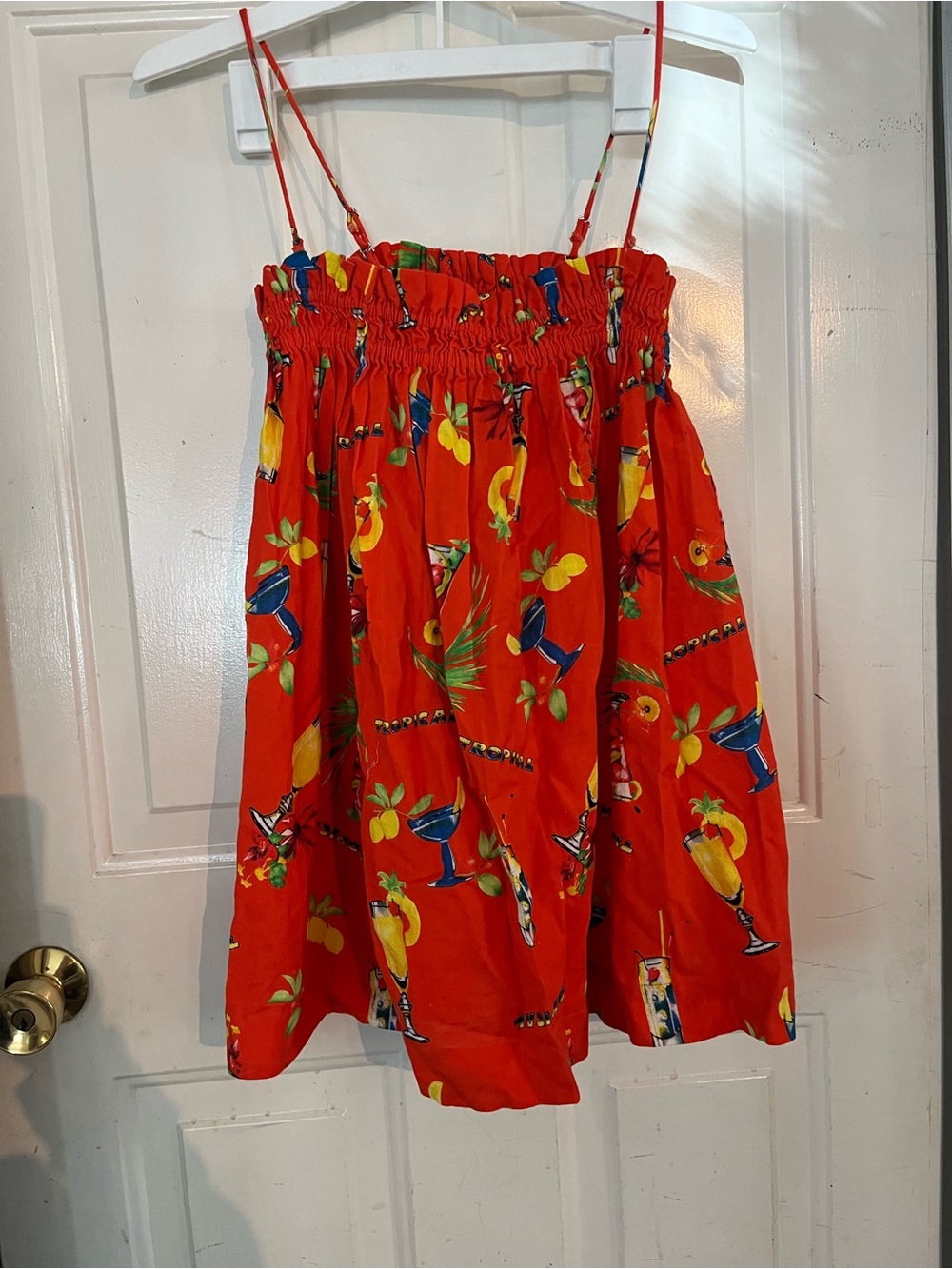 Red Tropical Cocktail Print Smocked top